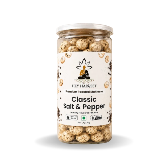 Premium Roasted Makhana – Classic Salt & Pepper – 75g Jar