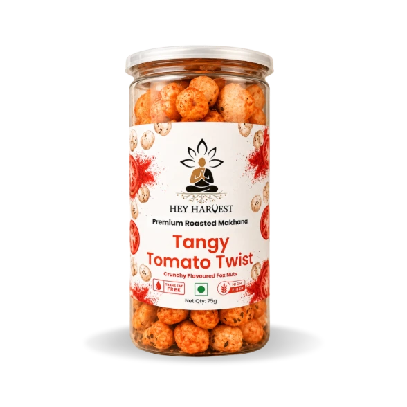 Premium Roasted Makhana – Tangy Tomato Twist – 75g Jar